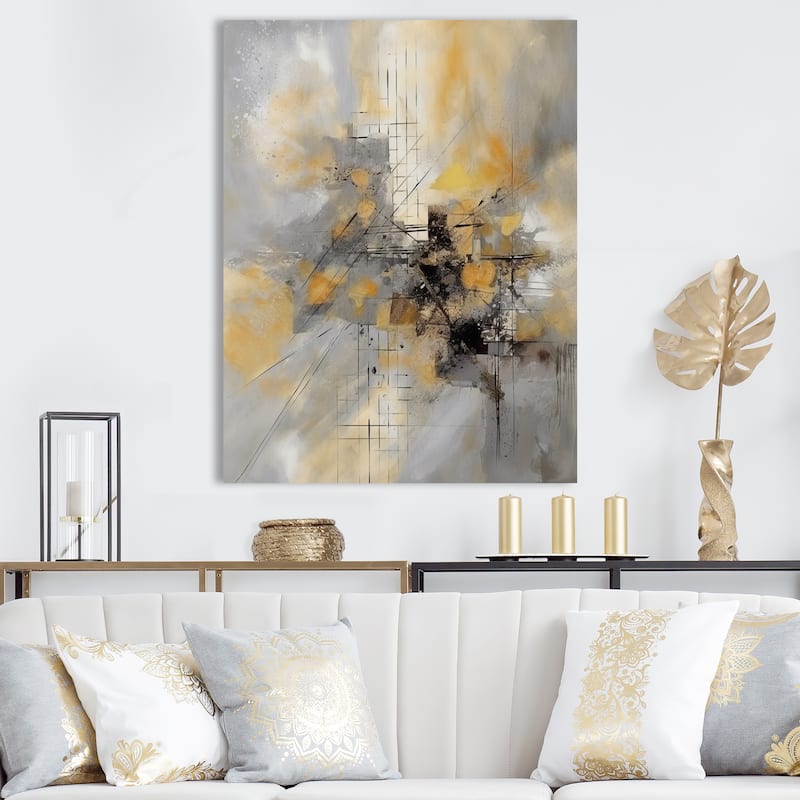 Designart "Yellow And Grey Beyond The Canvas I" Abstract Painting Wall Art For Living Room On